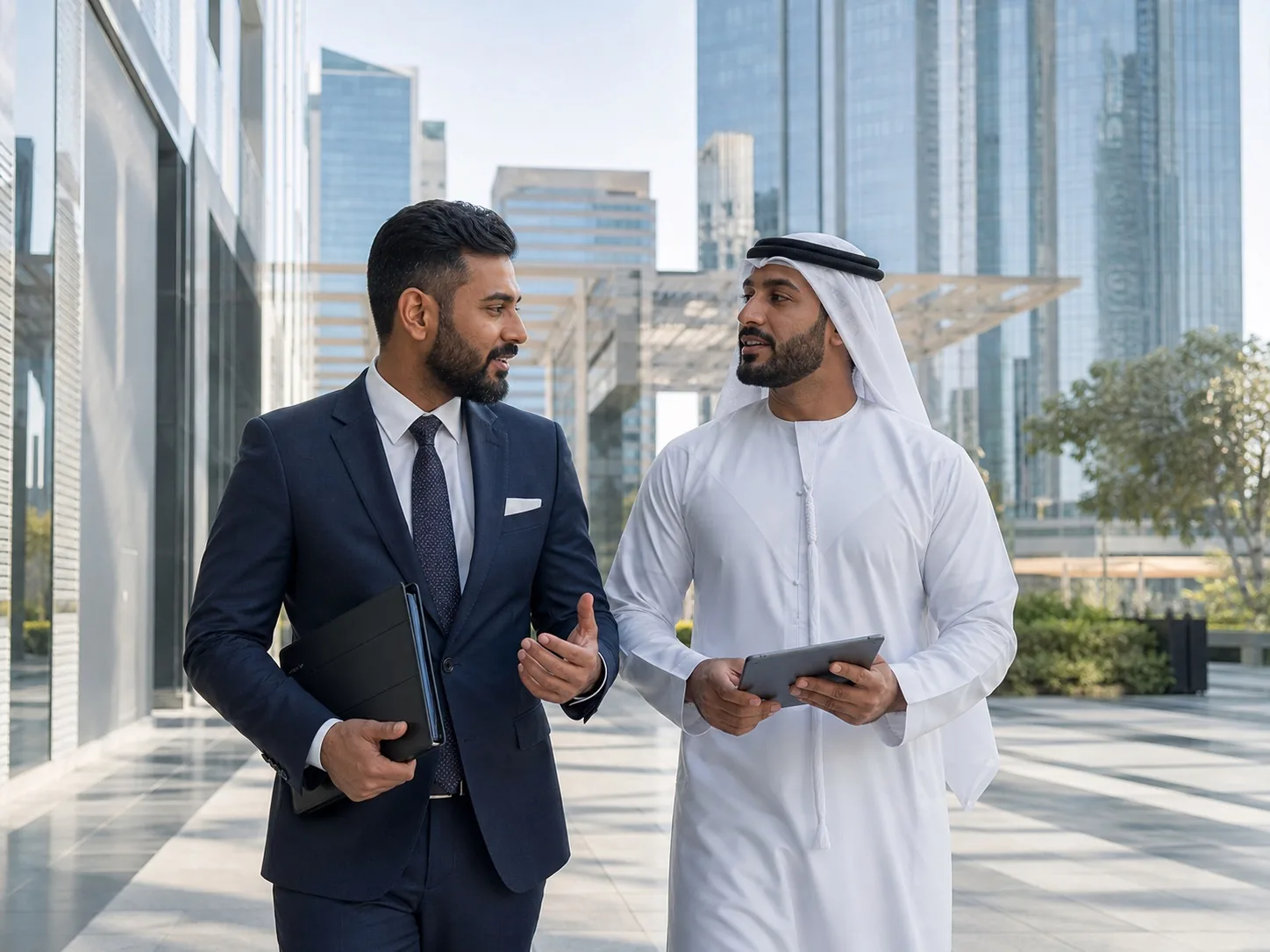 Business setup consultant advising an entrepreneur in a Dubai business district