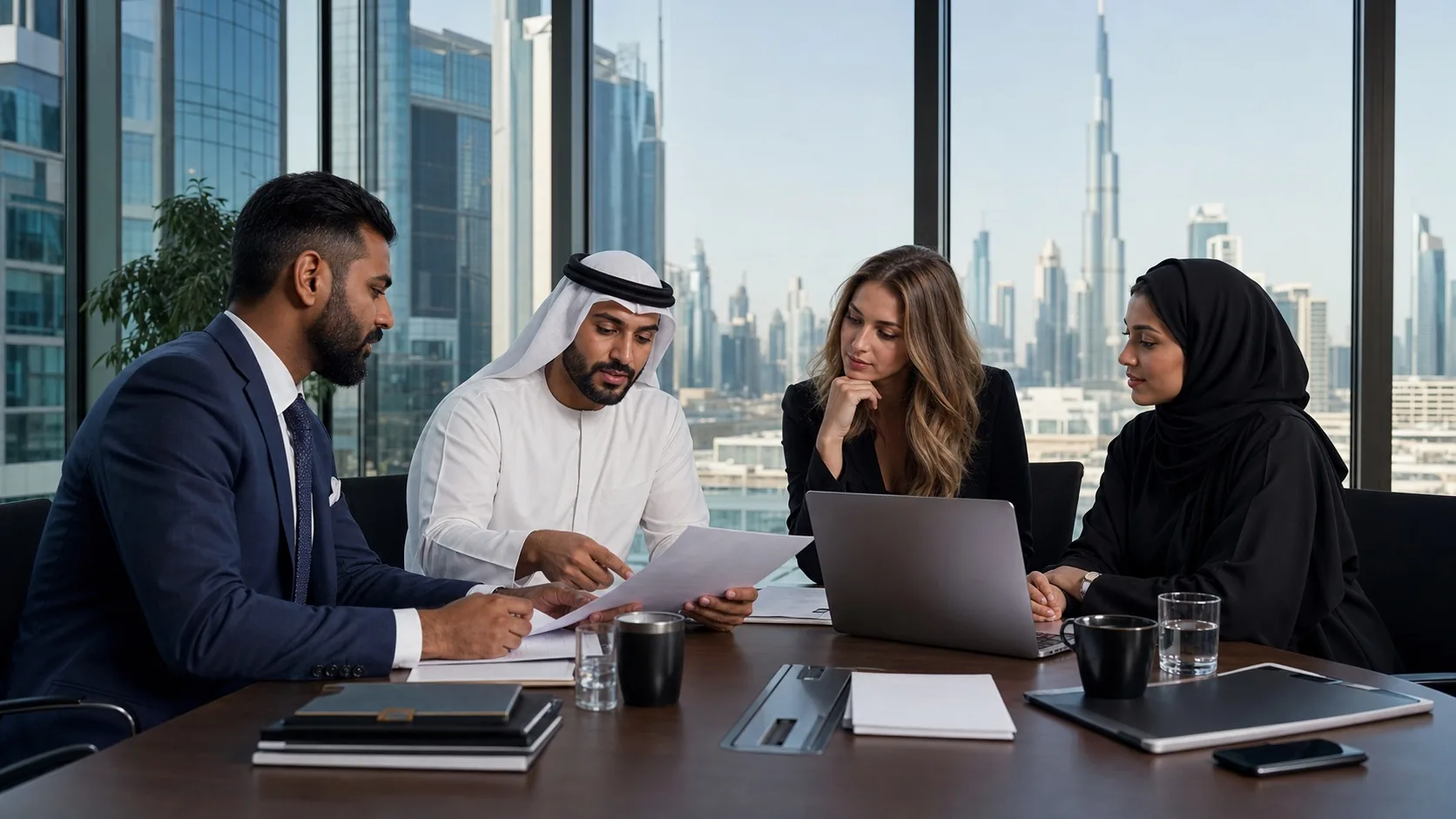 BizHype Zone consultants reviewing Dubai business setup documents with entrepreneurs
